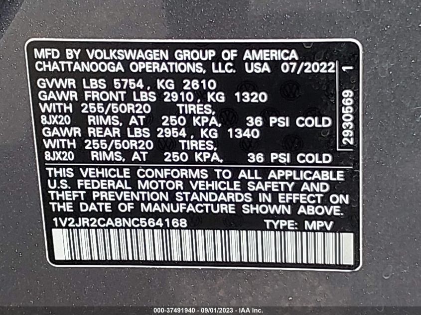 2022 VOLKSWAGEN ATLAS 3.6L V6 SE W/TECHNOLOGY - 1V2JR2CA8NC564168