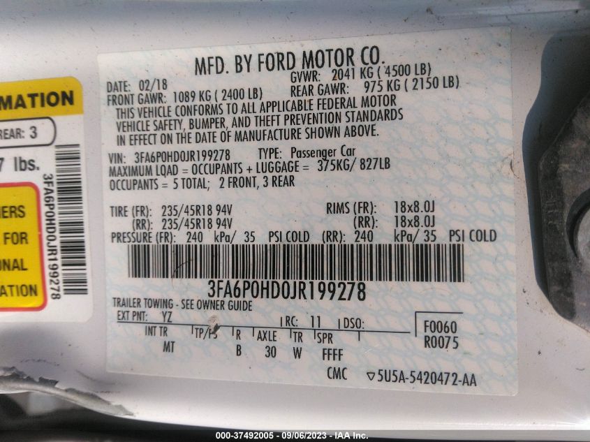 2018 FORD FUSION SE - 3FA6P0HD0JR199278