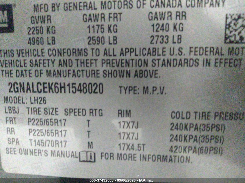 2017 CHEVROLET EQUINOX LT - 2GNALCEK6H1548020