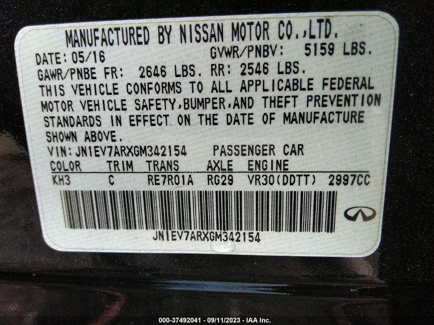 2016 INFINITI Q50 3.0T PREMIUM - JN1EV7ARXGM342154