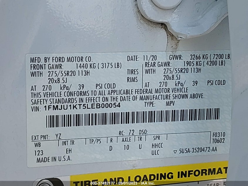 VIN 1FMJU1KT5LEB00054 2020 FORD EXPEDITION LIMITED