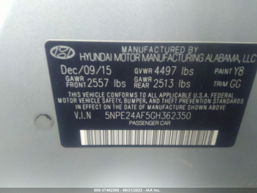 2016 HYUNDAI SONATA 2.4L SE - 5NPE24AF5GH362350