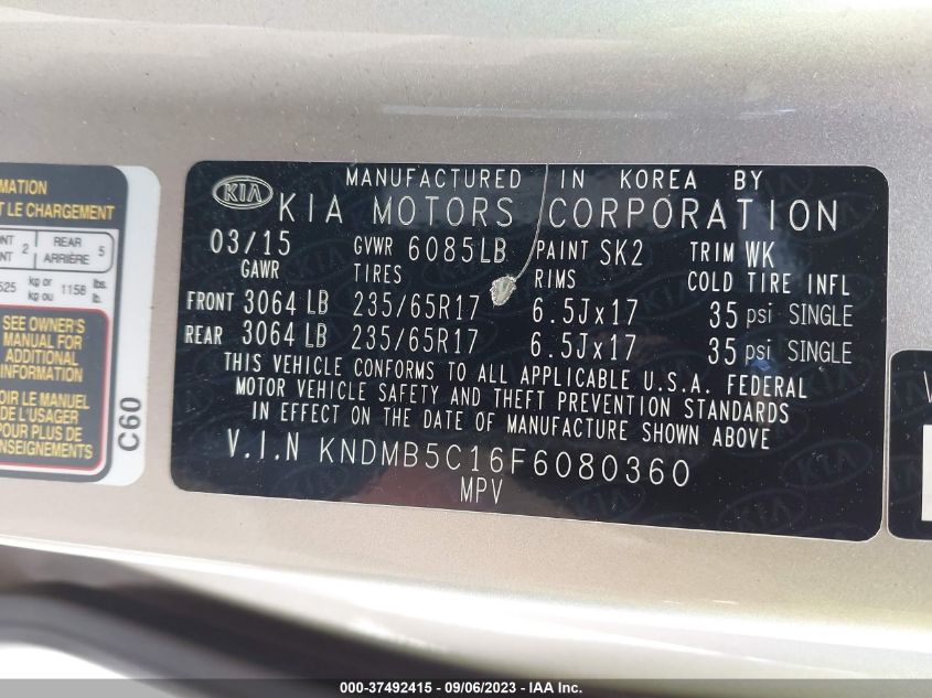 2015 KIA SEDONA LX - KNDMB5C16F6080360