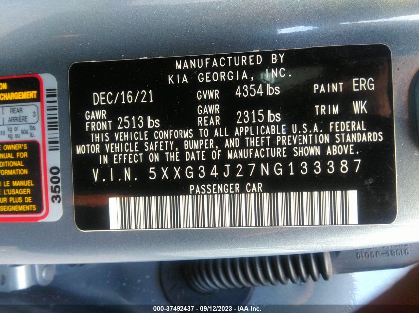 2022 KIA K5 EX - 5XXG34J27NG133387