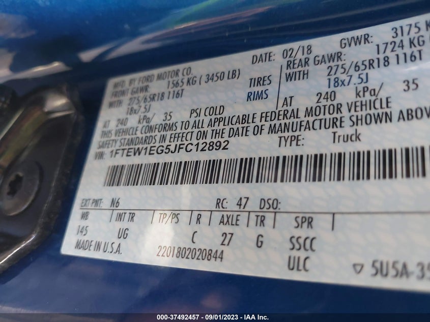 VIN 1FTEW1EG5JFC12892 2018 FORD F-150 XL/XLT/LARIAT