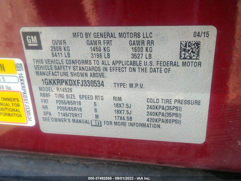 2015 GMC ACADIA SLE 1GKKRPKDXFJ330534