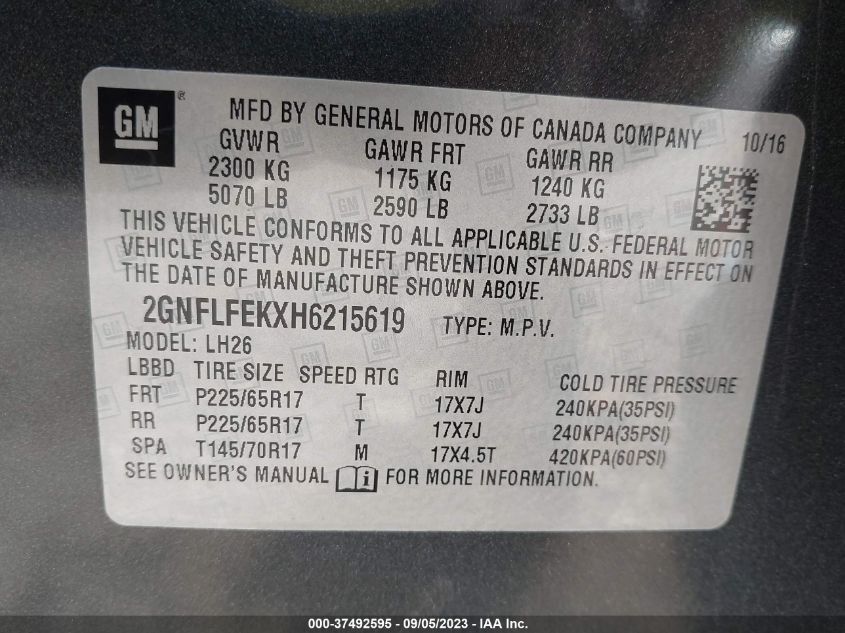2017 CHEVROLET EQUINOX LT - 2GNFLFEKXH6215619