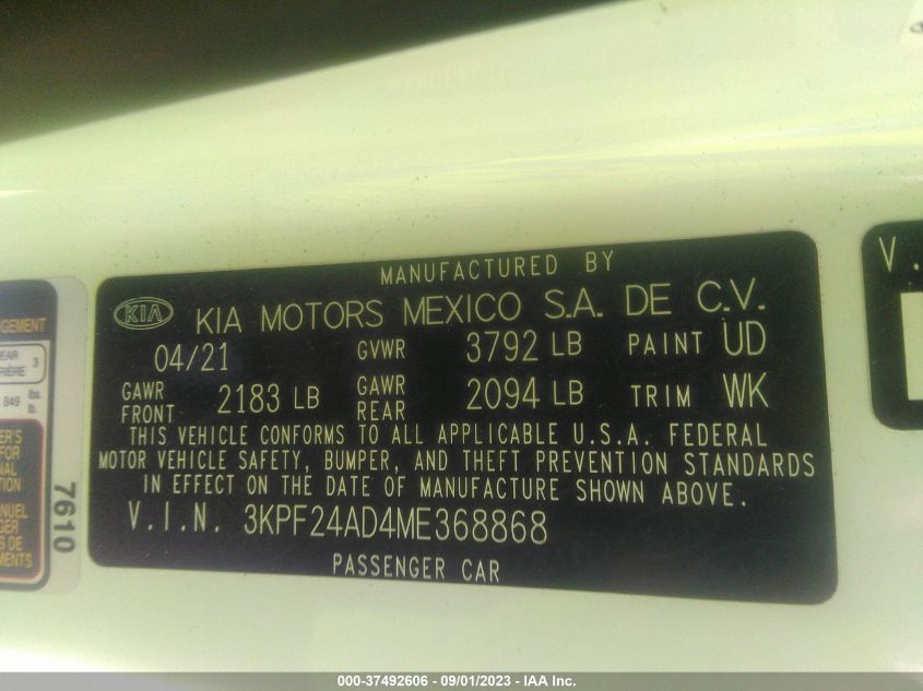 3KPF24AD4ME368868 | 2021 KIA FORTE