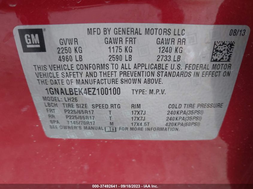2014 CHEVROLET EQUINOX LT - 1GNALBEK4EZ100100
