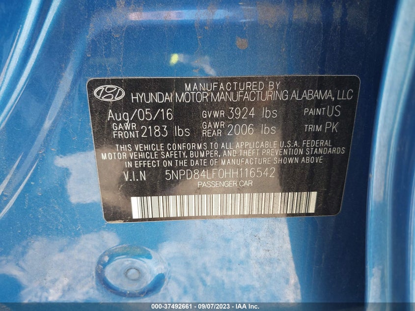 VIN 5NPD84LF0HH116542 2017 HYUNDAI ELANTRA SE/VALUE/LIMITED
