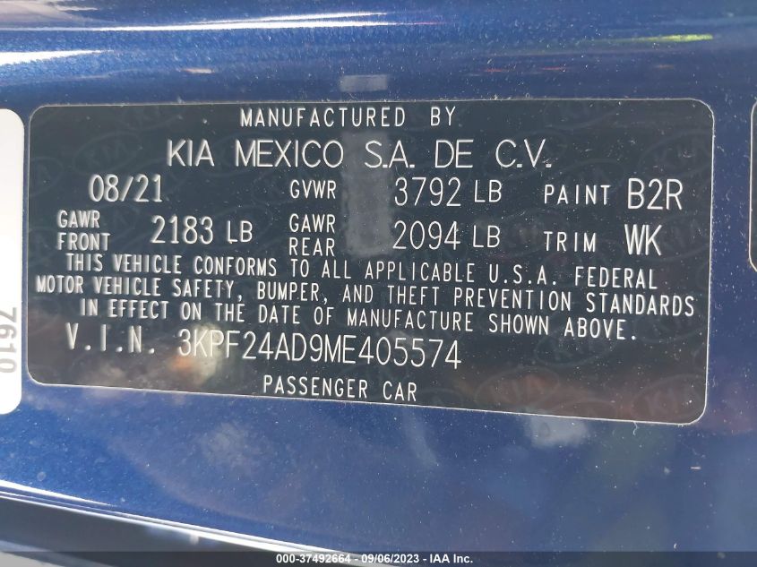 2021 KIA FORTE LXS - 3KPF24AD9ME405574