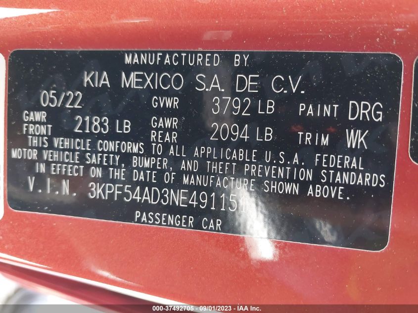 3KPF54AD3NE491151 Kia Forte GT-LINE 9