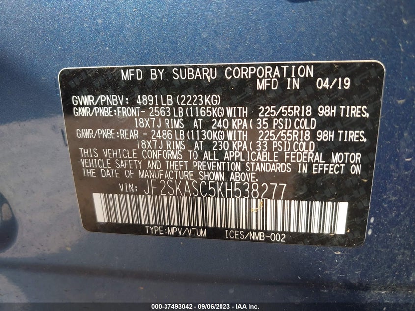 VIN JF2SKASC5KH538277 2019 SUBARU FORESTER LIMITED