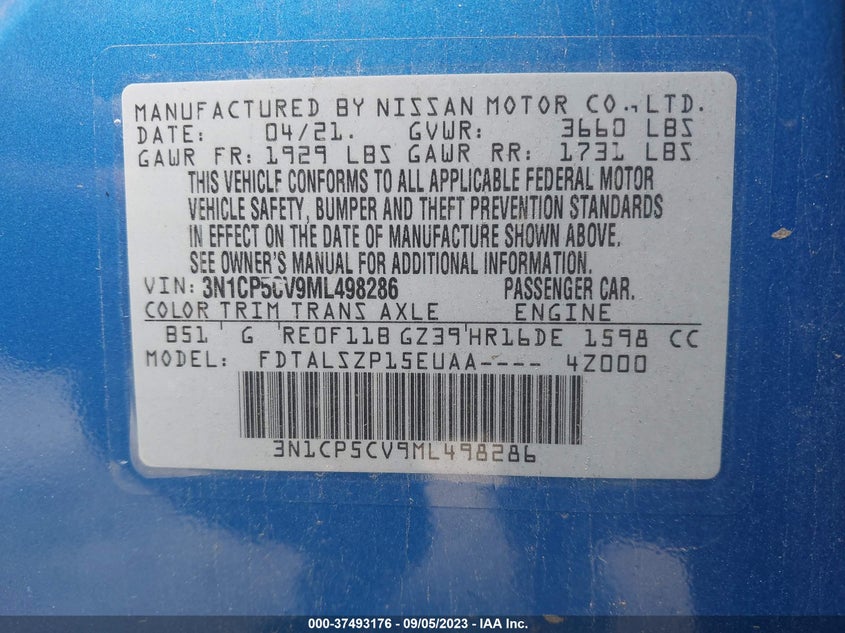 VIN 3N1CP5CV9ML498286 2021 NISSAN KICKS SV
