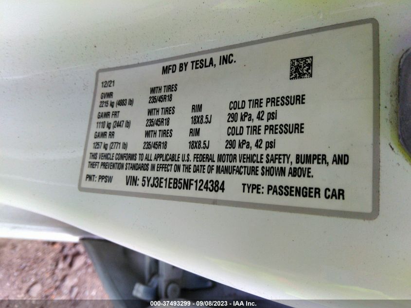 2022 TESLA MODEL 3 LONG RANGE - 5YJ3E1EB5NF124384