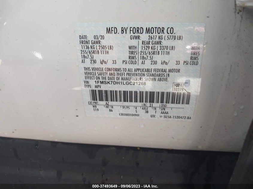VIN 1FMSK7DH1LGC21268 2020 FORD EXPLORER XLT