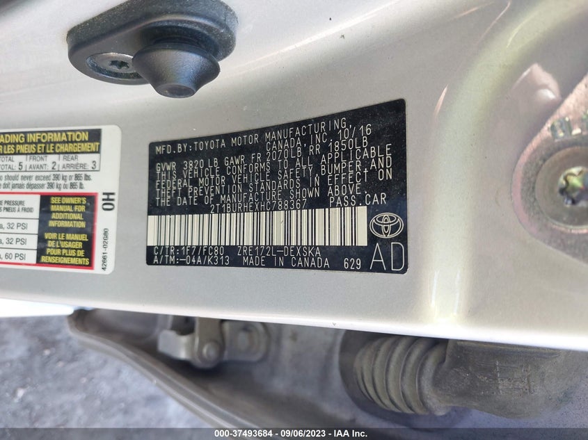 VIN 2T1BURHEXHC788367 2017 TOYOTA COROLLA L/LE/XLE/SE