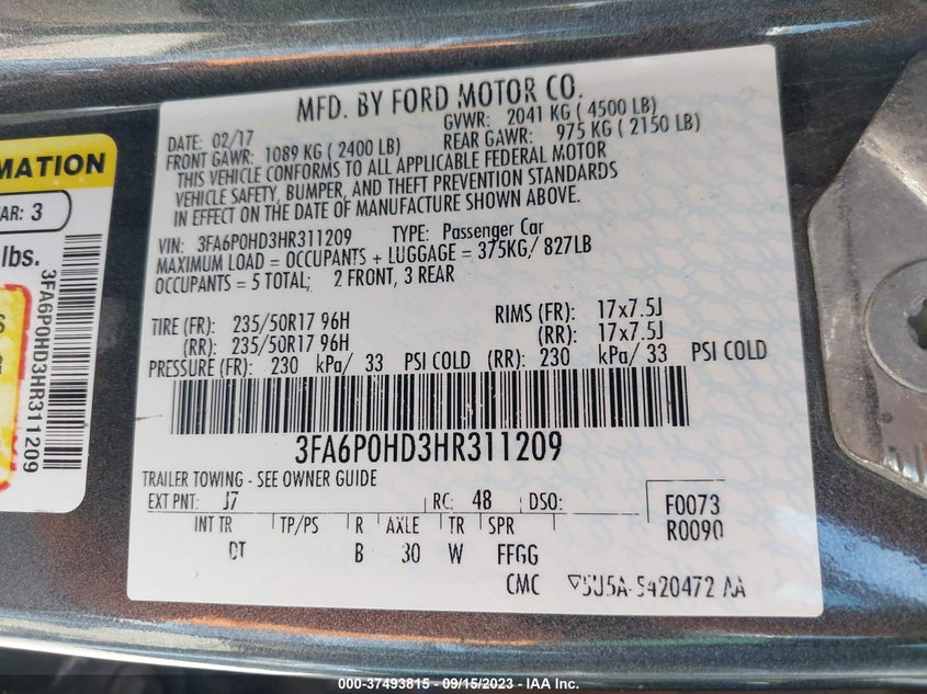 VIN 3FA6P0HD3HR311209 2017 FORD FUSION SE