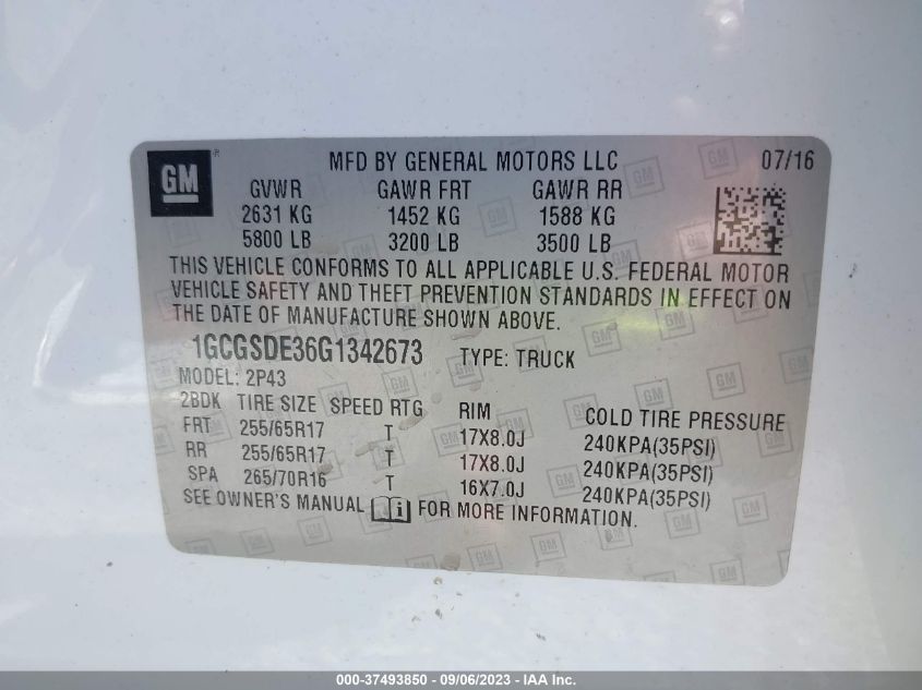 2016 CHEVROLET COLORADO 2WD Z71 - 1GCGSDE36G1342673
