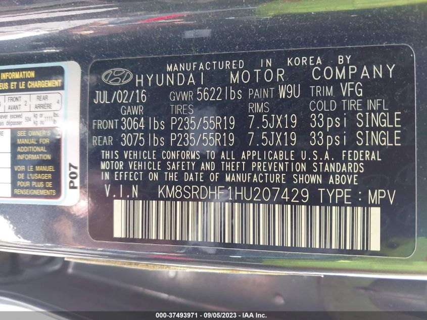 2017 HYUNDAI SANTA FE LIMITED ULTIMATE - KM8SRDHF1HU207429