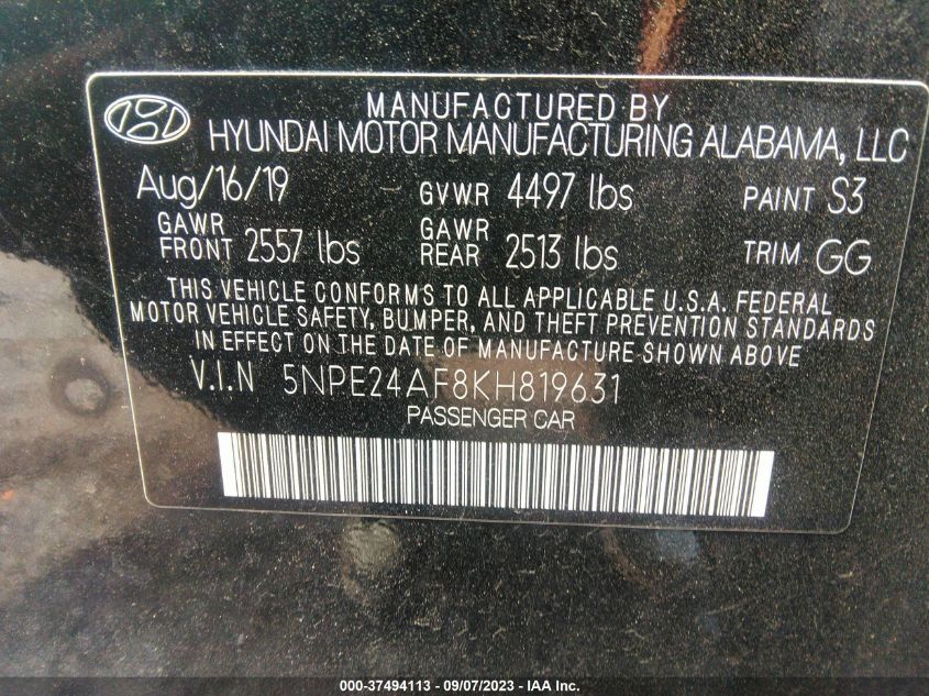 2019 HYUNDAI SONATA SE - 5NPE24AF8KH819631