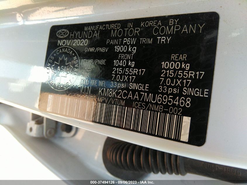 2021 HYUNDAI KONA SEL - KM8K2CAA7MU695468