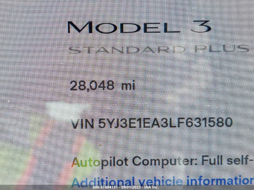 2020 TESLA MODEL 3 STANDARD RANGE - 5YJ3E1EA3LF631580