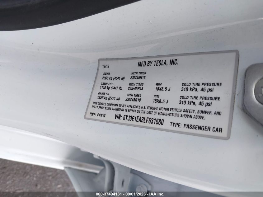 2020 TESLA MODEL 3 STANDARD RANGE - 5YJ3E1EA3LF631580