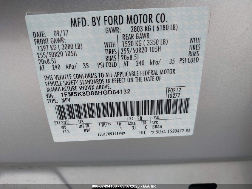 VIN 1FM5K8D88HGD64132 2017 FORD EXPLORER XLT