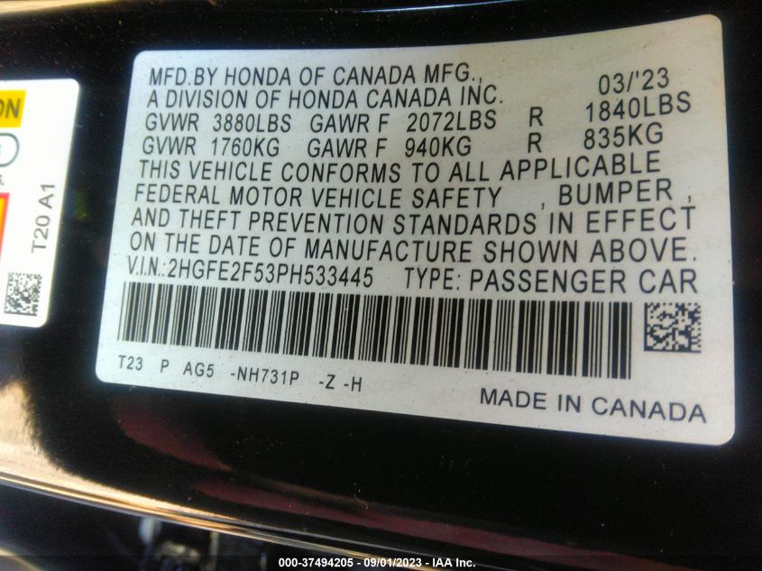 2023 HONDA CIVIC SEDAN SPORT - 2HGFE2F53PH533445