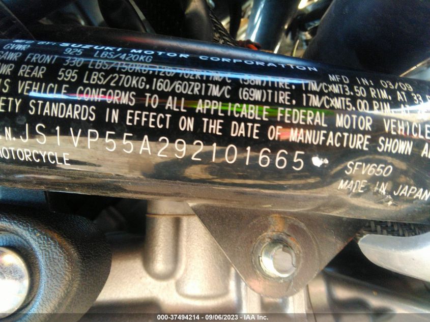 2009 SUZUKI SFV650 JS1VP55A292101665