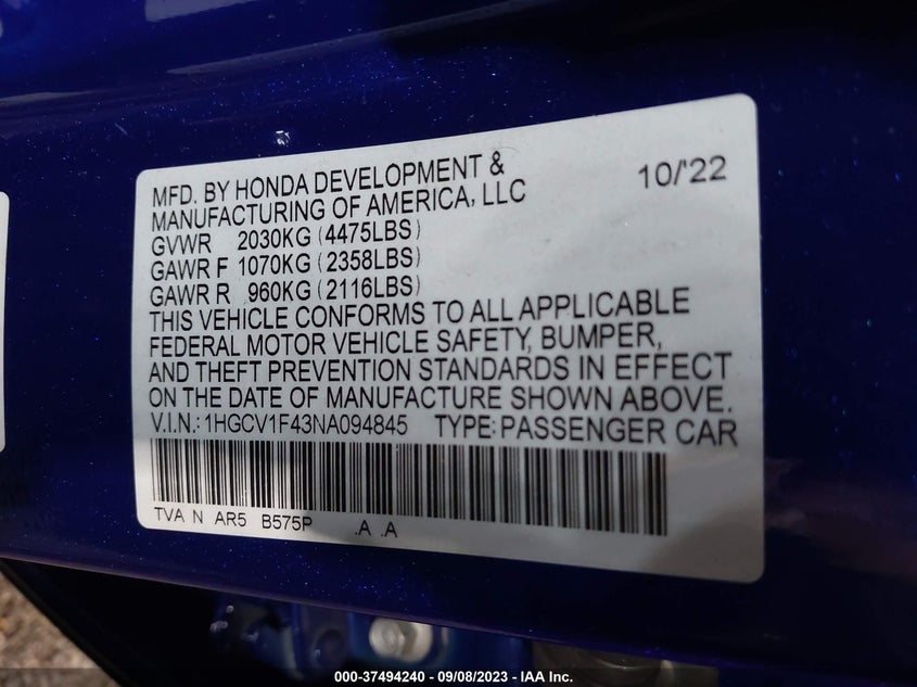 VIN 1HGCV1F43NA094845 2022 HONDA ACCORD SEDAN SPORT SE
