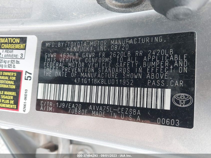 2020 TOYOTA CAMRY SE - 4T1G11BK8LU011952