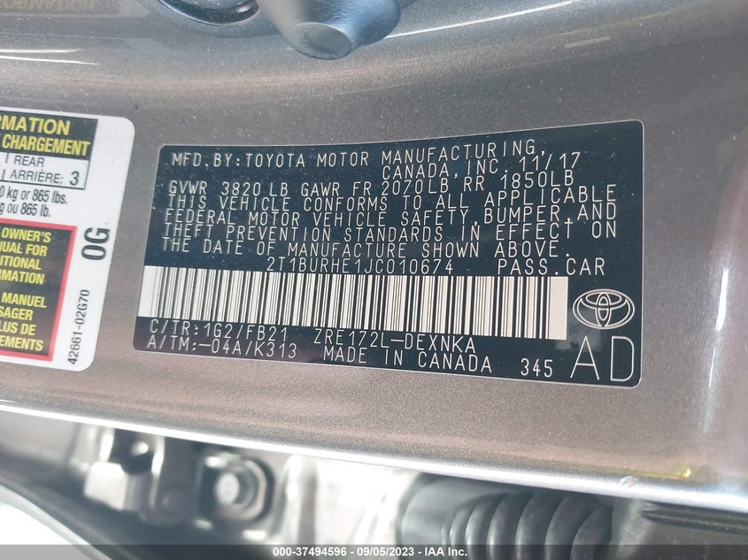 VIN 2T1BURHE1JC010674 2018 TOYOTA COROLLA L/LE/XLE/SE/XSE