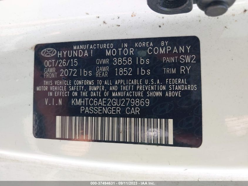 2016 HYUNDAI VELOSTER TURBO - KMHTC6AE2GU279869