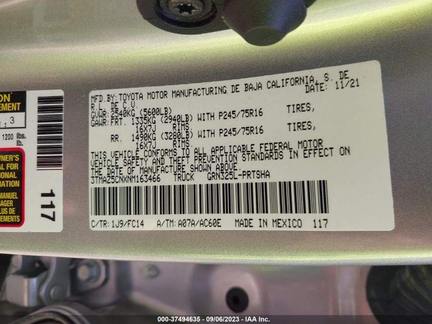 2022 TOYOTA TACOMA 2WD SR5/TRD SPORT 3TMAZ5CNXNM163466