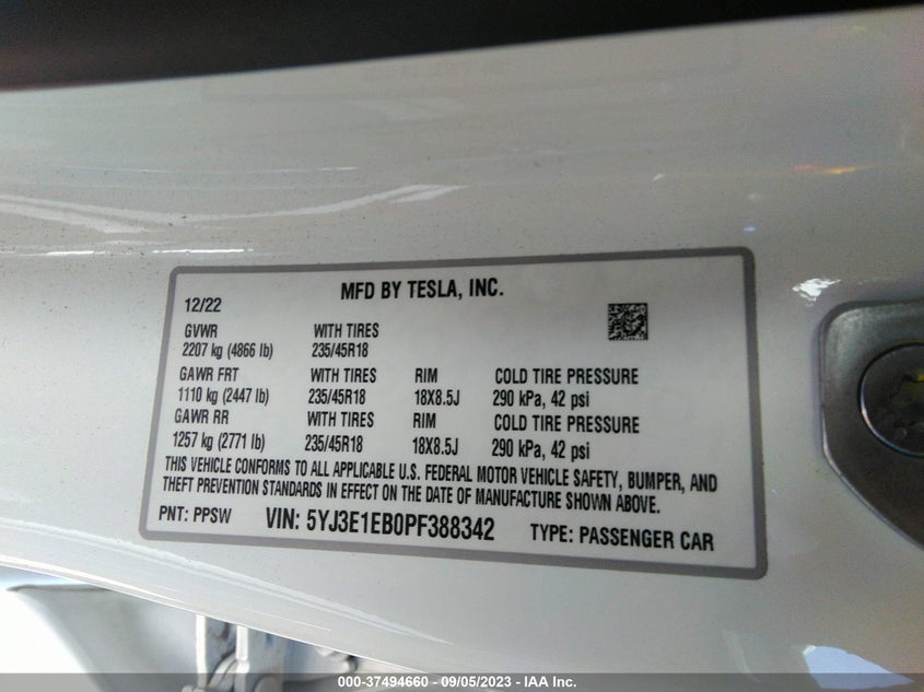 VIN 5YJ3E1EB0PF388342 2023 TESLA MODEL 3 LONG RANGE