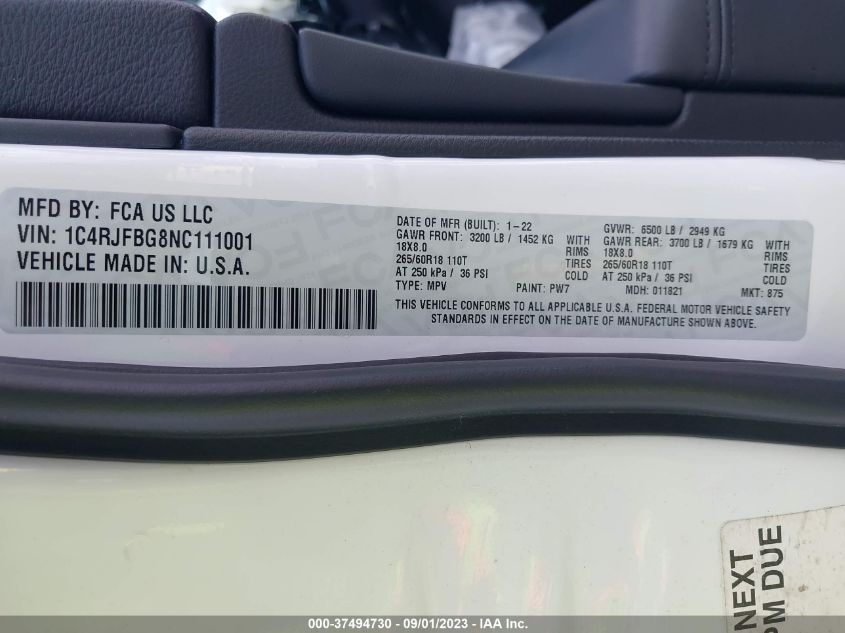 2022 JEEP GRAND CHEROKEE WK LIMITED 1C4RJFBG8NC111001