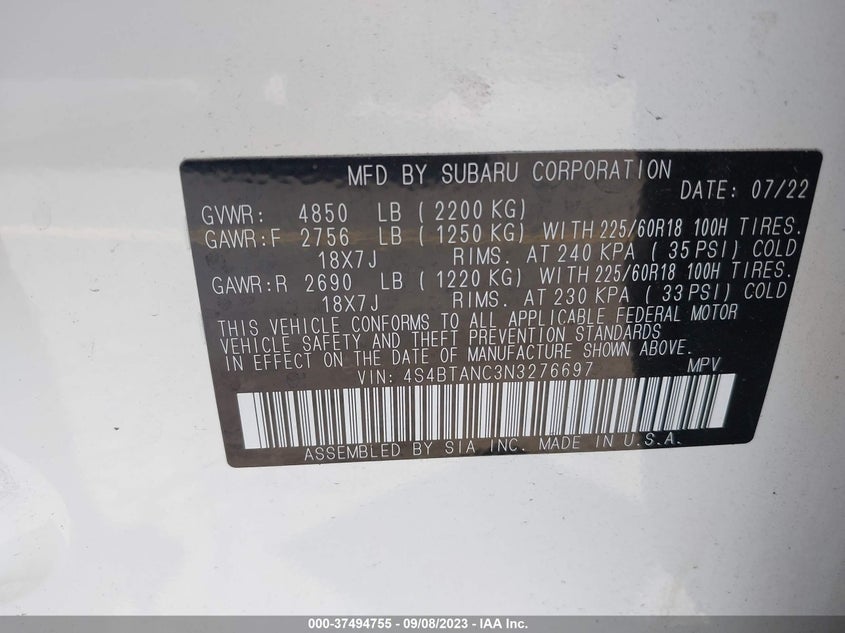 VIN 4S4BTANC3N3276697 2022 SUBARU OUTBACK LIMITED
