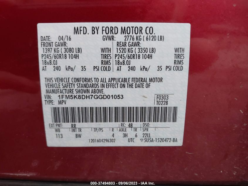2016 FORD EXPLORER XLT - 1FM5K8DH7GGD01053