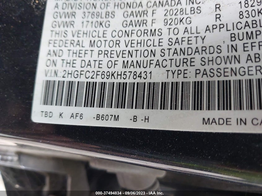 VIN 2HGFC2F69KH578431 2019 HONDA CIVIC SEDAN LX