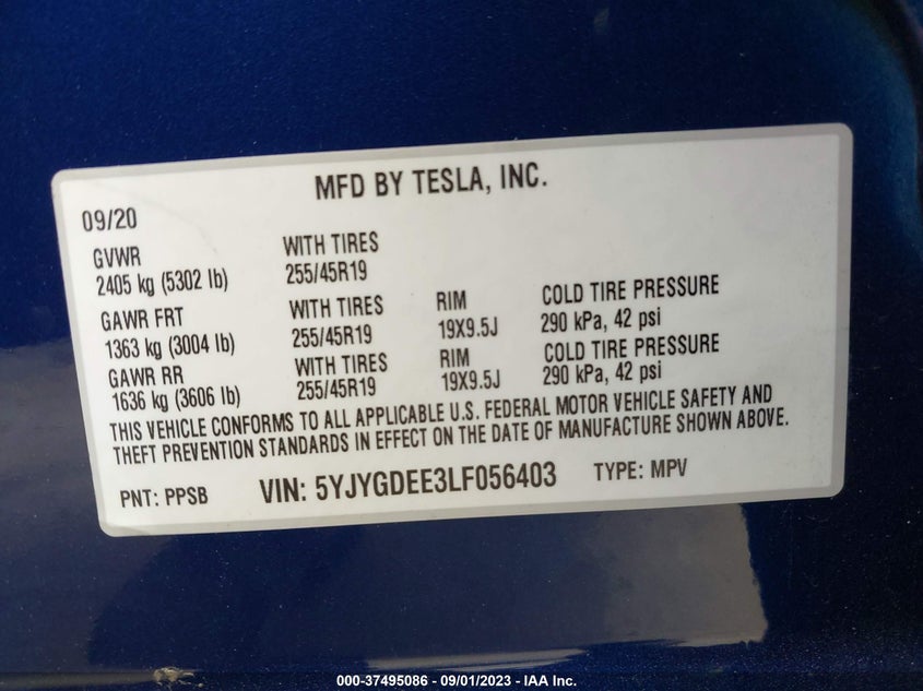 VIN 5YJYGDEE3LF056403 2020 TESLA MODEL Y LONG RANGE