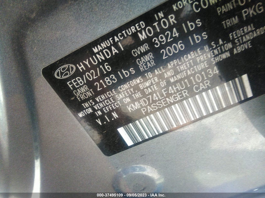 VIN KMHD74LF4HU110134 2017 HYUNDAI ELANTRA SE