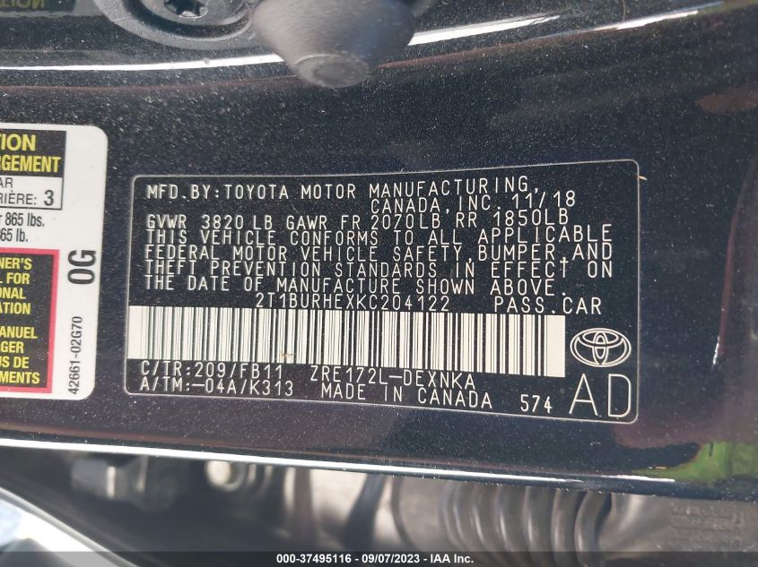 2019 TOYOTA COROLLA L/LE/SE/XLE/XSE - 2T1BURHEXKC204122
