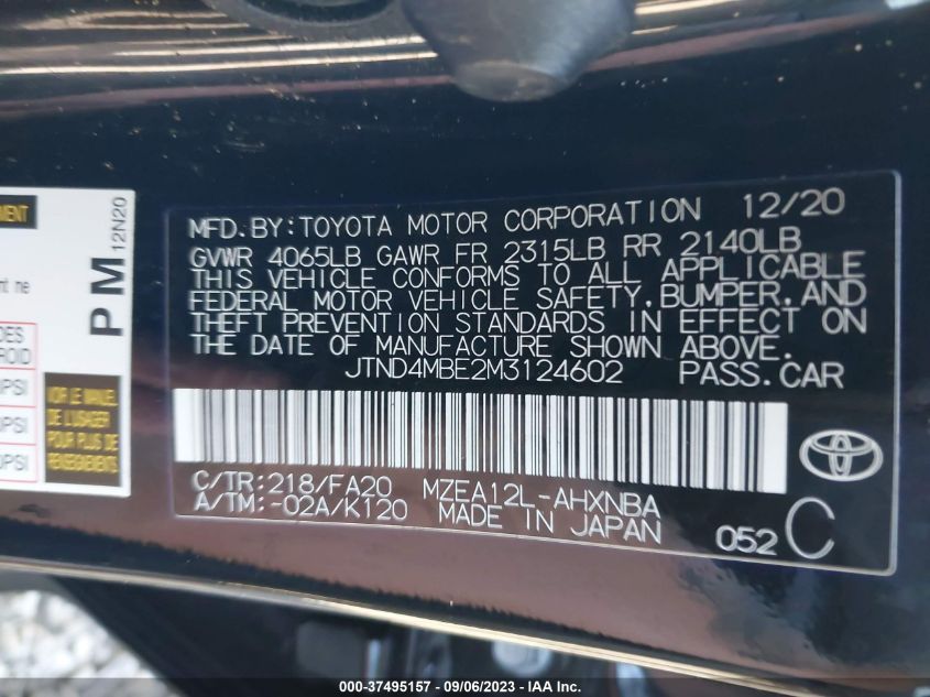 2021 TOYOTA COROLLA HATCHBACK SE/XSE/NIGHTSHADE JTND4MBE2M3124602