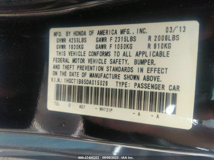 2013 HONDA ACCORD CPE EX-L 1HGCT1B85DA015026