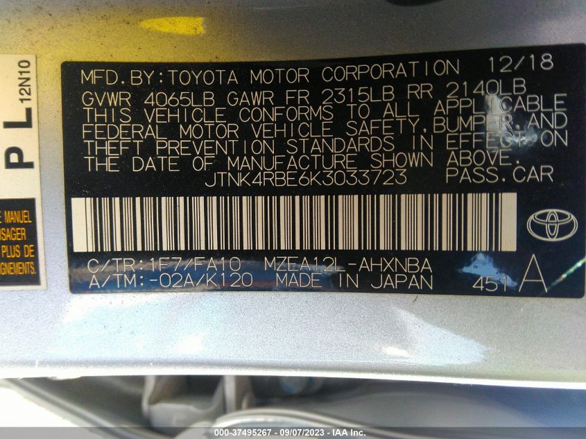 2019 TOYOTA COROLLA HATCHBACK SE/XSE JTNK4RBE6K3033723