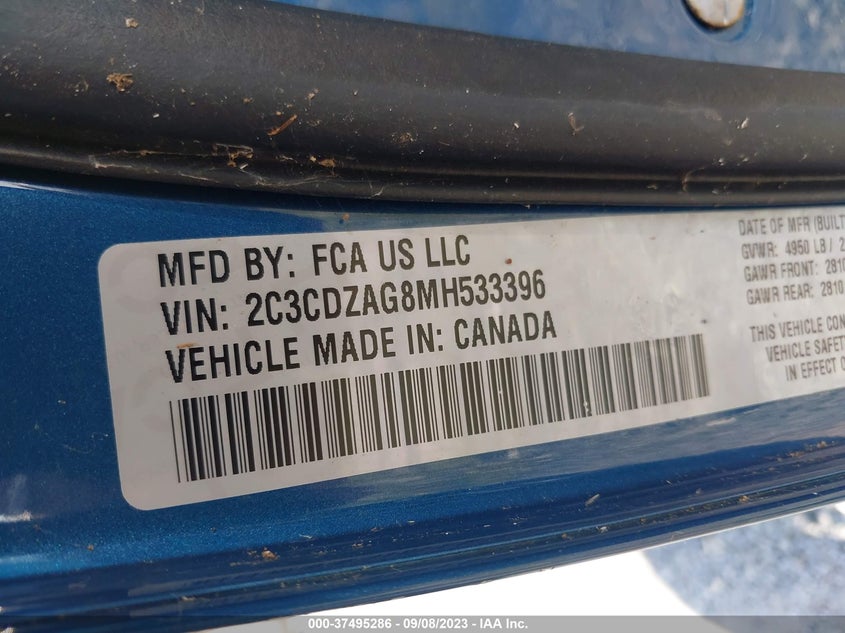 VIN 2C3CDZAG8MH533396 2021 DODGE CHALLENGER SXT