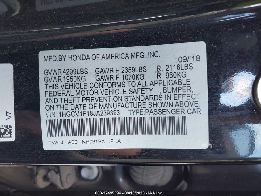 VIN 1HGCV1F18JA239393 2018 HONDA ACCORD SEDAN LX 1.5T