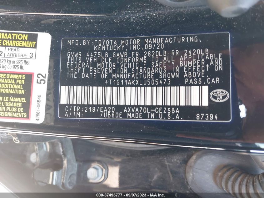 2020 TOYOTA CAMRY SE/SE NIGHT SHADE - 4T1G11AKXLU505473